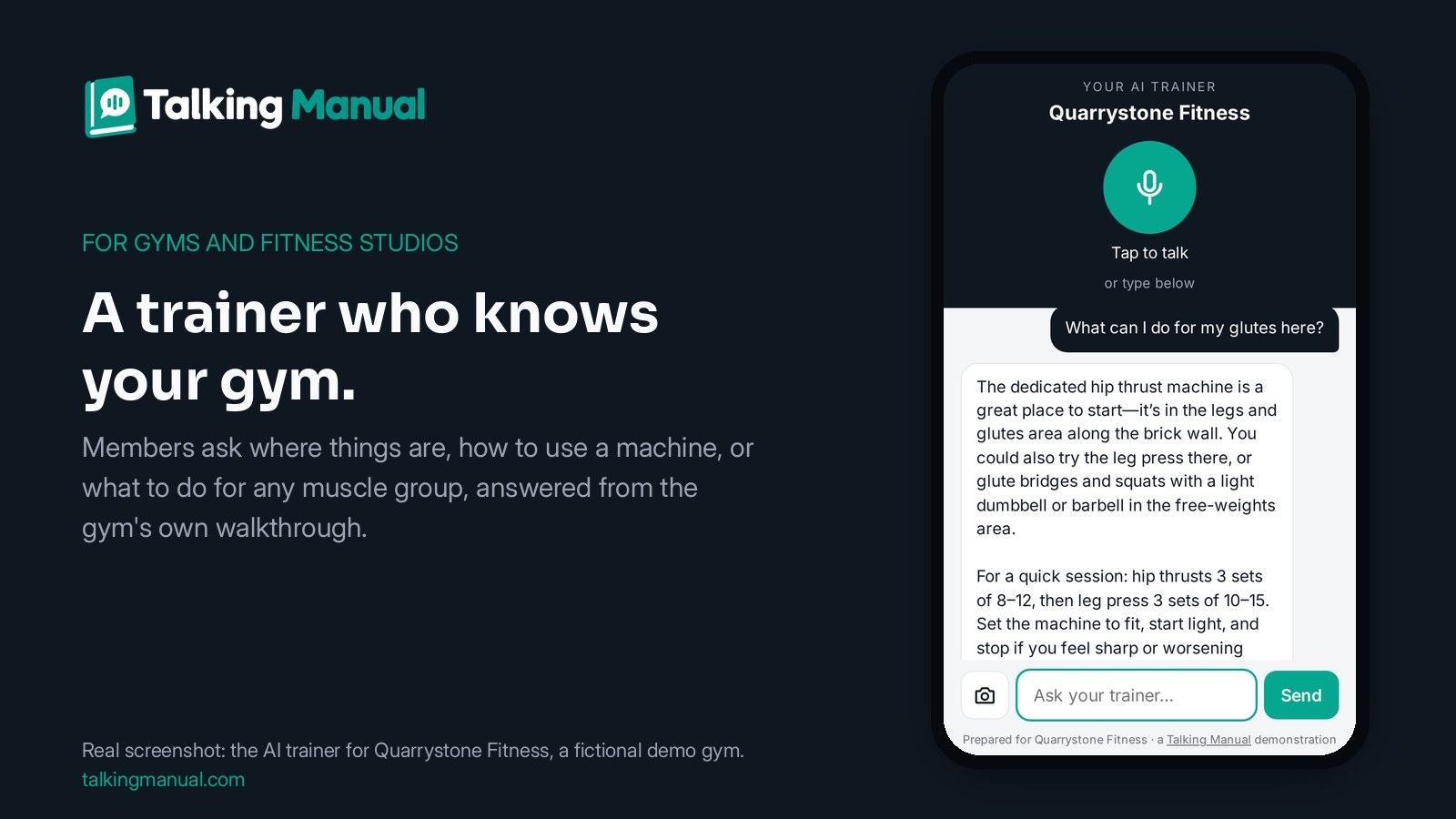 The Talking Manual AI trainer for Quarrystone Fitness, a fictional demo gym, on a phone, suggesting glute exercises using the gym's own machines