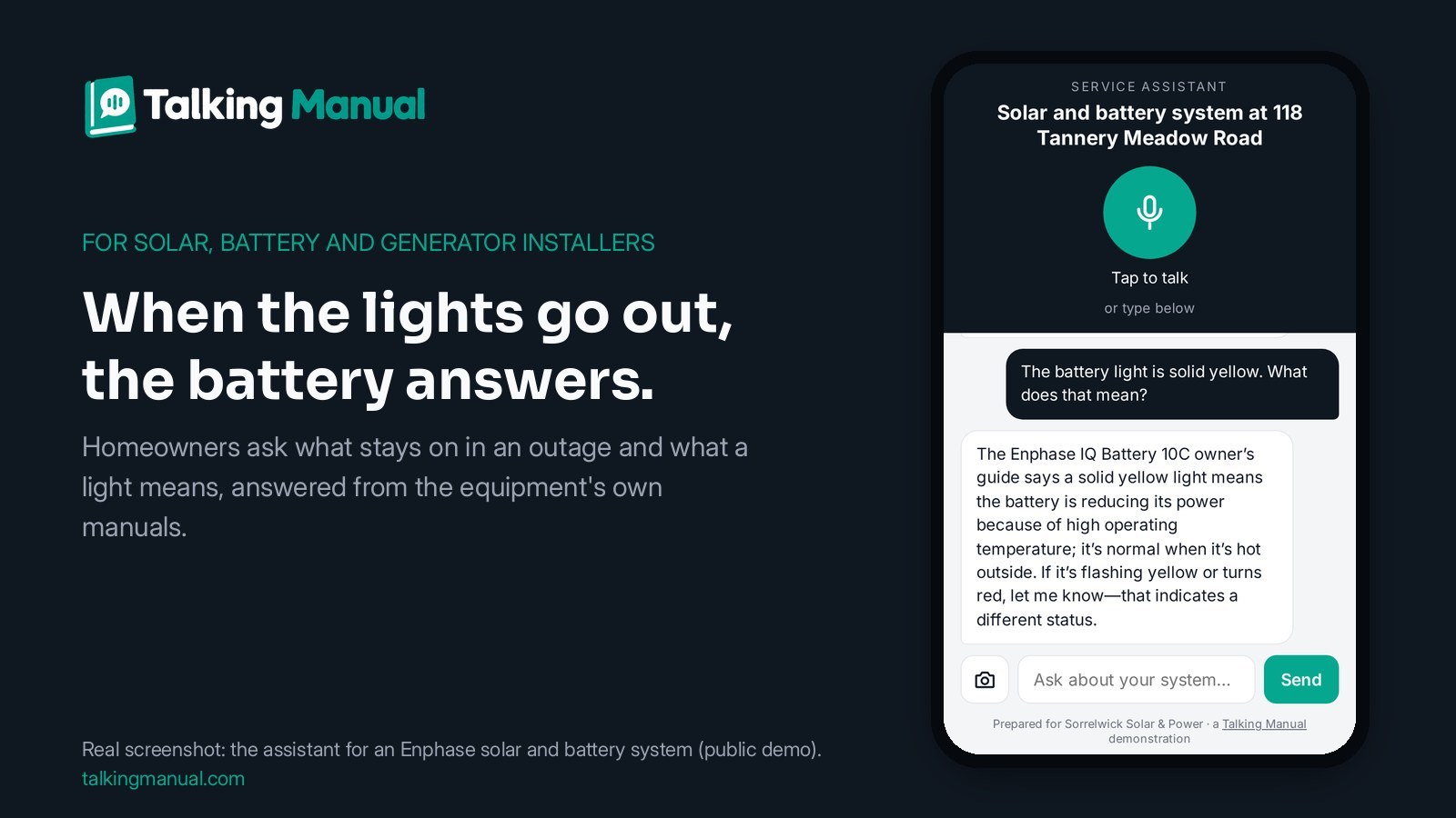 The Talking Manual assistant for a demo Enphase solar and battery system (fictional installer) on a phone, explaining a battery light