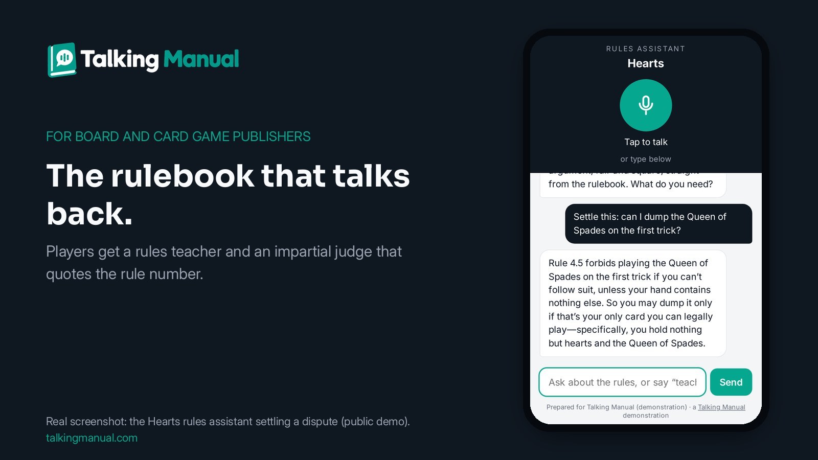 Talking Manual's Hearts rules assistant settling a dispute by quoting Rule 4.5 (real screenshot)