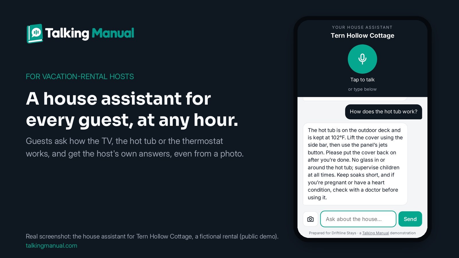 The Talking Manual house assistant for Tern Hollow Cottage, a fictional demo vacation rental, on a phone, explaining how to use the hot tub