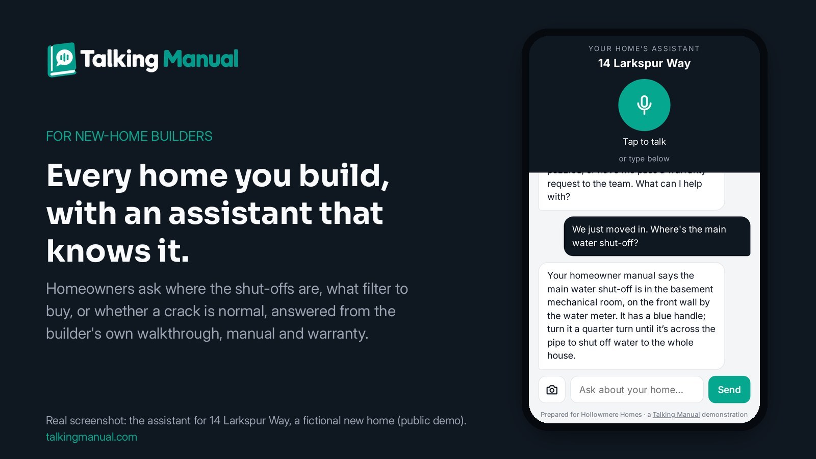 The Talking Manual home assistant for 14 Larkspur Way, a fictional demo new home, on a phone, answering where the main water shut-off is