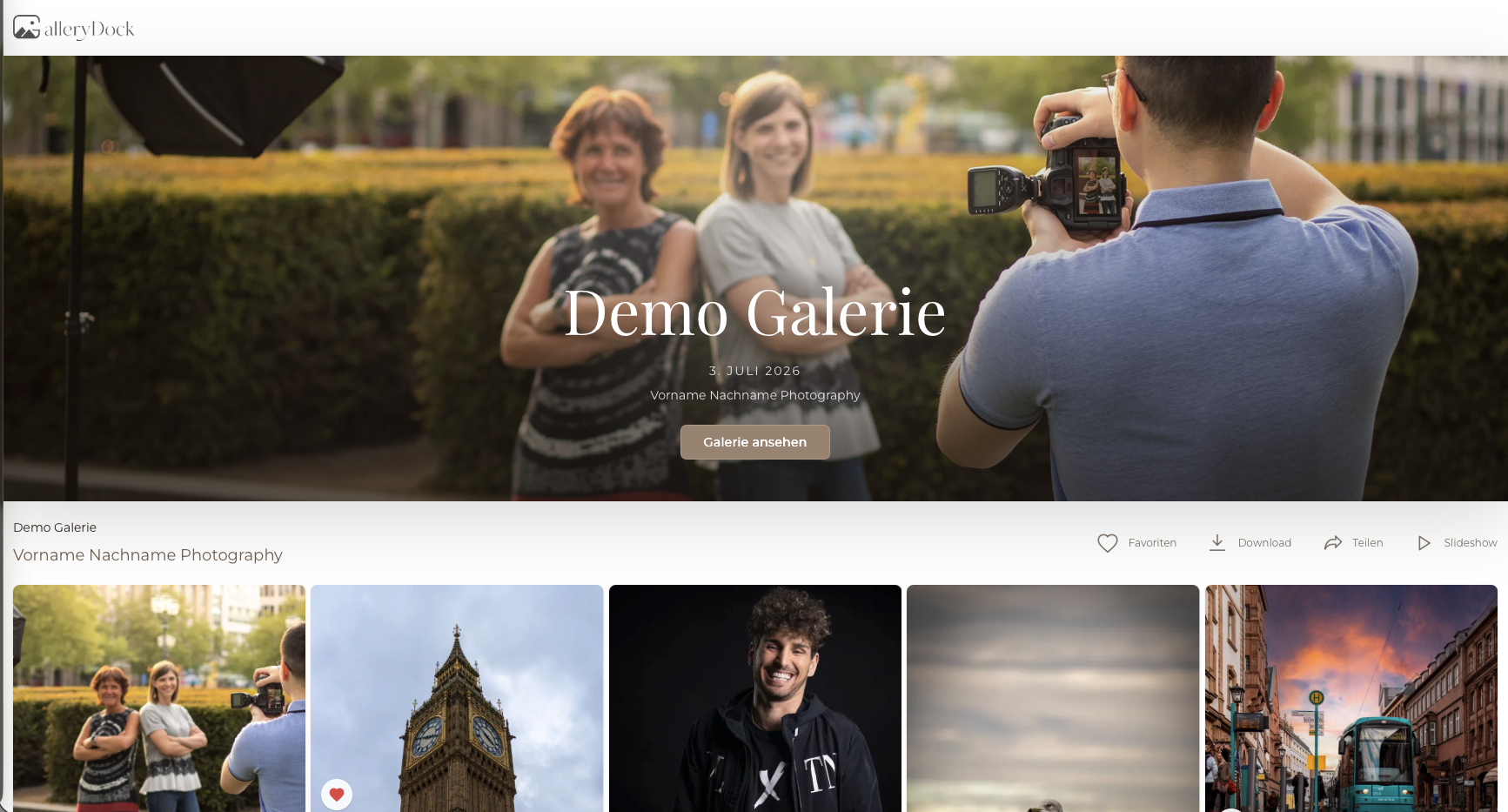 GalleryDock demo client gallery with a cover photo and image thumbnails for client photo selection