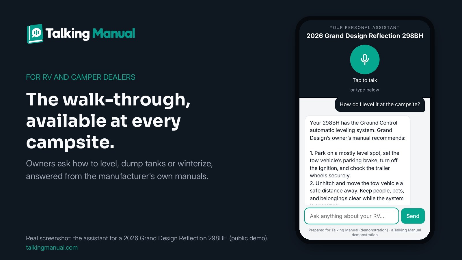 Talking Manual's RV assistant on a phone, explaining how to level a 2026 Grand Design Reflection (real screenshot)