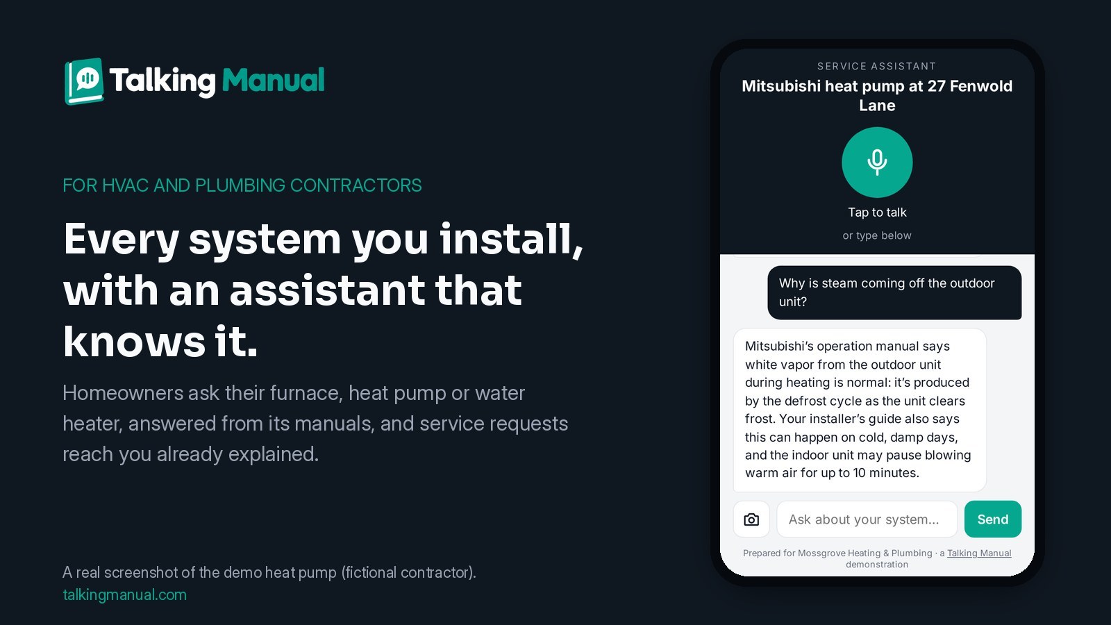 The Talking Manual assistant for a demo Mitsubishi heat pump (fictional contractor) on a phone, explaining the defrost cycle