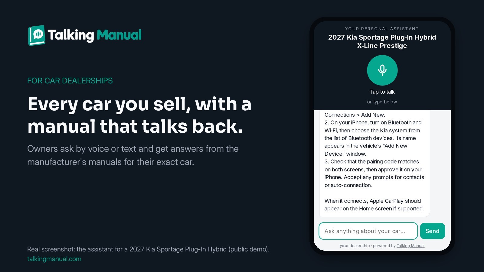 Talking Manual's car assistant on a phone, answering from Kia's owner's manual (real screenshot of the public demo)
